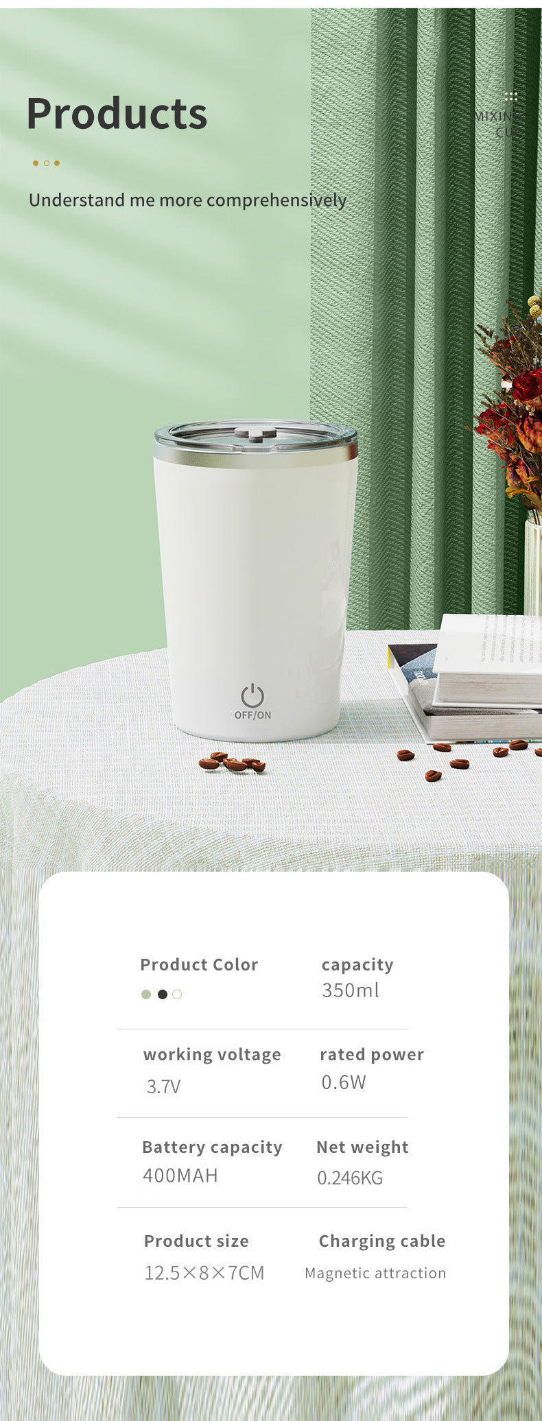 White Portable Automatic Mixing Coffee Cup | Stainless Steel Magnetic Stirrer | Handle Style