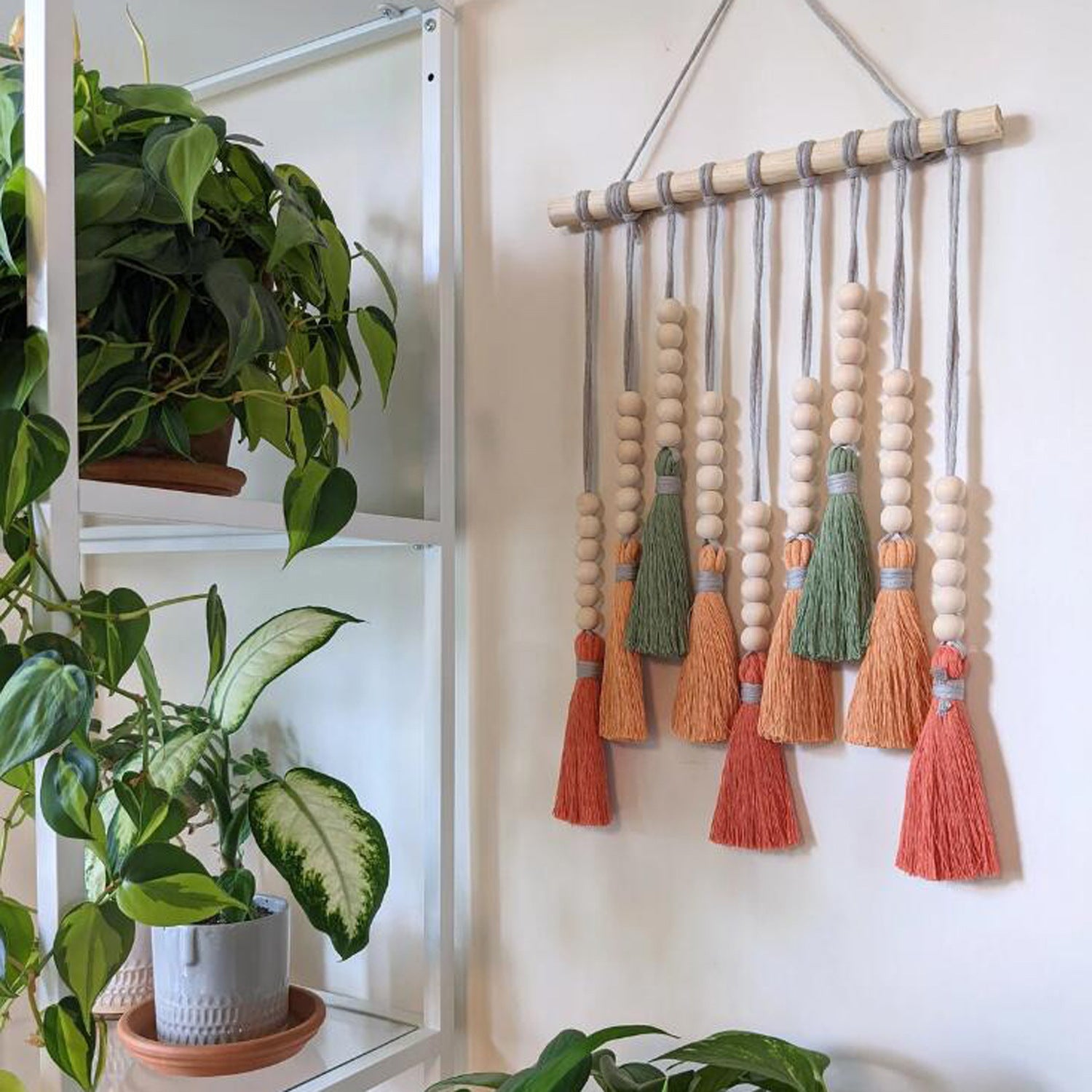 Boho Tassel Wall Hanging | Daylily Red + Wooden Beads | Tapestry Home Decor