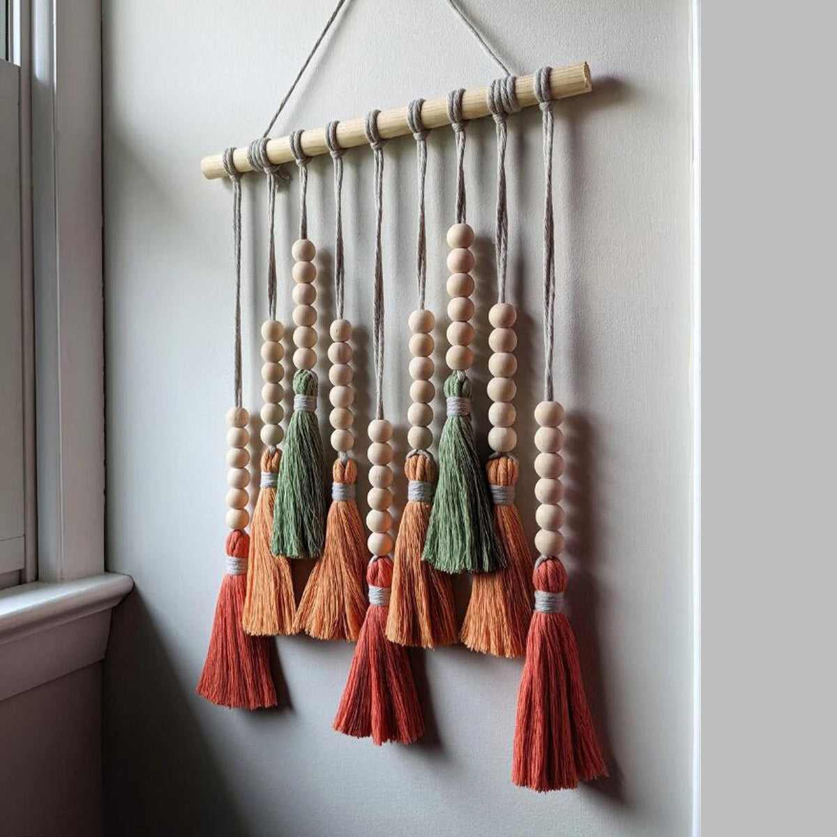 Boho Tassel Wall Hanging | Daylily Red + Wooden Beads | Tapestry Home Decor