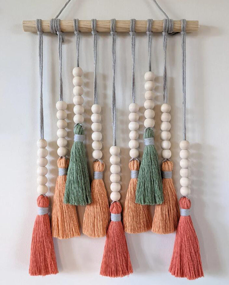 Boho Tassel Wall Hanging | Daylily Red + Wooden Beads | Tapestry Home Decor