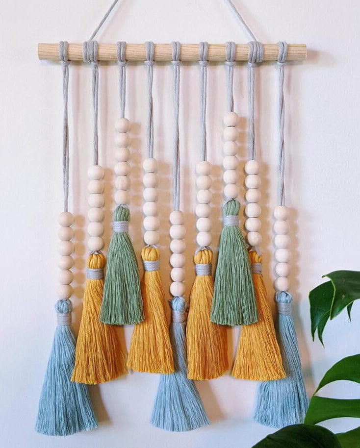 Boho Tassel Wall Hanging | Light Blue + Wooden Beads | Tapestry Home Decor