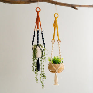 Plant Hanger Set 2PC | Handwoven Cotton Rope Hanging Planters with Wooden Rings | Natural Finish