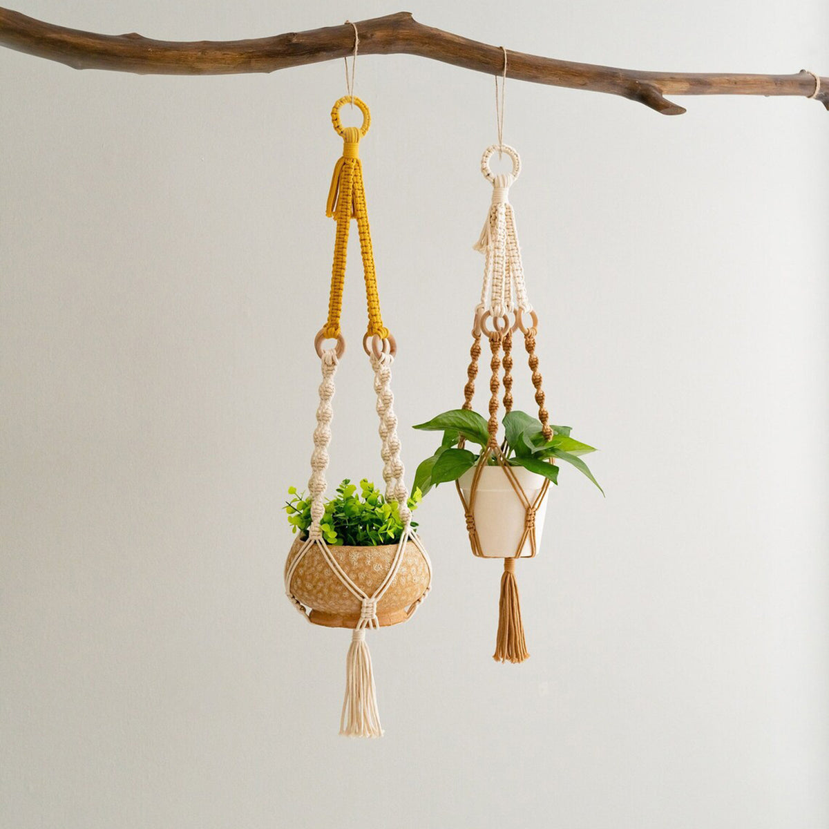 Plant Hanger Set 2PC | Handwoven Cotton Rope Hanging Planters with Wooden Rings