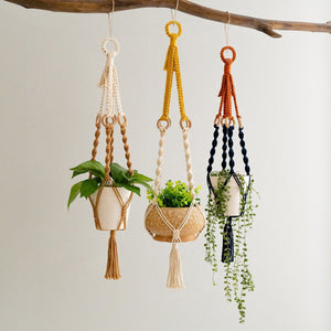 Plant Hanger Set 3PC | Handwoven Cotton Rope Hanging Planters with Wooden Rings