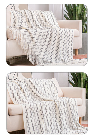 130x180cm White & Grey Knitted Throw Blanket | Modern Design with Tassels | Soft & Lightweight | Sofa, Bed & Office
