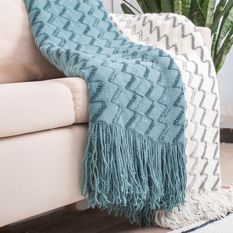 130x180cm White & Grey Knitted Throw Blanket | Modern Design with Tassels | Soft & Lightweight | Sofa, Bed & Office