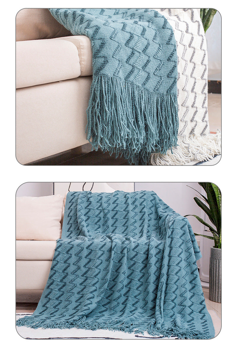 130x180cm White & Grey Knitted Throw Blanket | Modern Design with Tassels | Soft & Lightweight | Sofa, Bed & Office