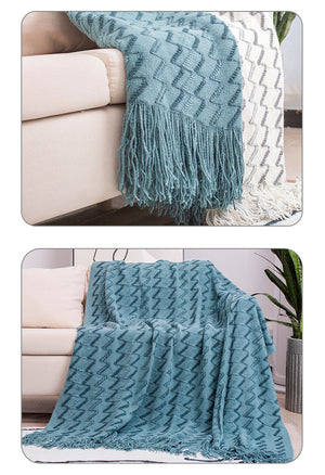 130x180cm White & Grey Knitted Throw Blanket | Modern Design with Tassels | Soft & Lightweight | Sofa, Bed & Office