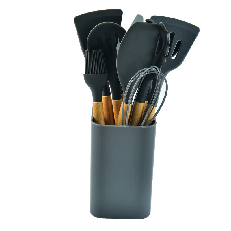 Black 12-Piece Silicone Kitchen Utensil Set | Beechwood Handles | Holder Included