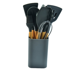 Black 12-Piece Silicone Kitchen Utensil Set | Beechwood Handles | Holder Included