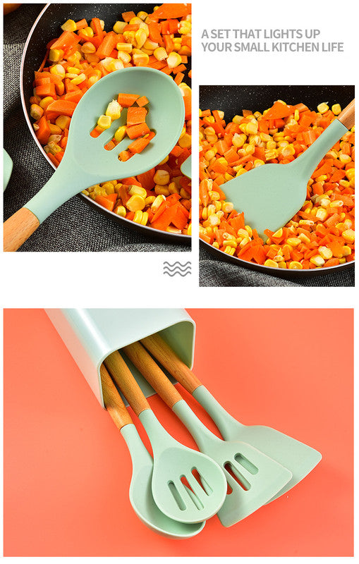 Black 12-Piece Silicone Kitchen Utensil Set | Beechwood Handles | Holder Included