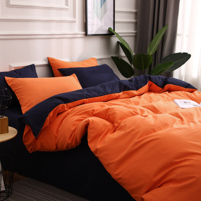 Dark Blue-Orange Stitching Bedding Set | Ultra-Soft Solid Color | 4-Piece | Queen Size | Bold Style