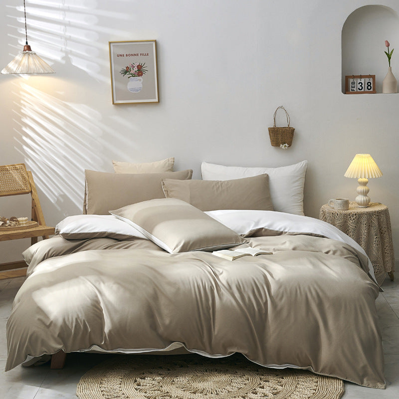 Light Brown-White Stitching Bedding Set | Ultra-Soft Solid Color | 4-Piece | Queen Size | Comfortable Fit
