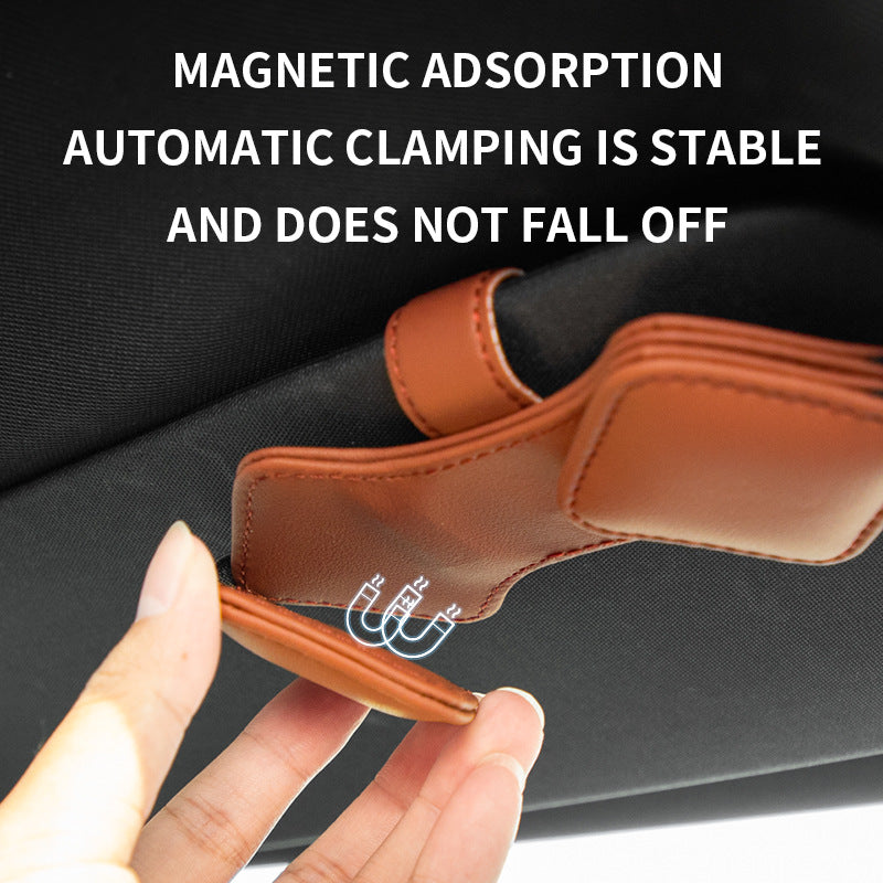 2 Pcs Red Car Sun Visor Glasses Holder Clip with Dual Magnetic Clamps | PU Leather | Anti-Slip | Multi-Functional Storage