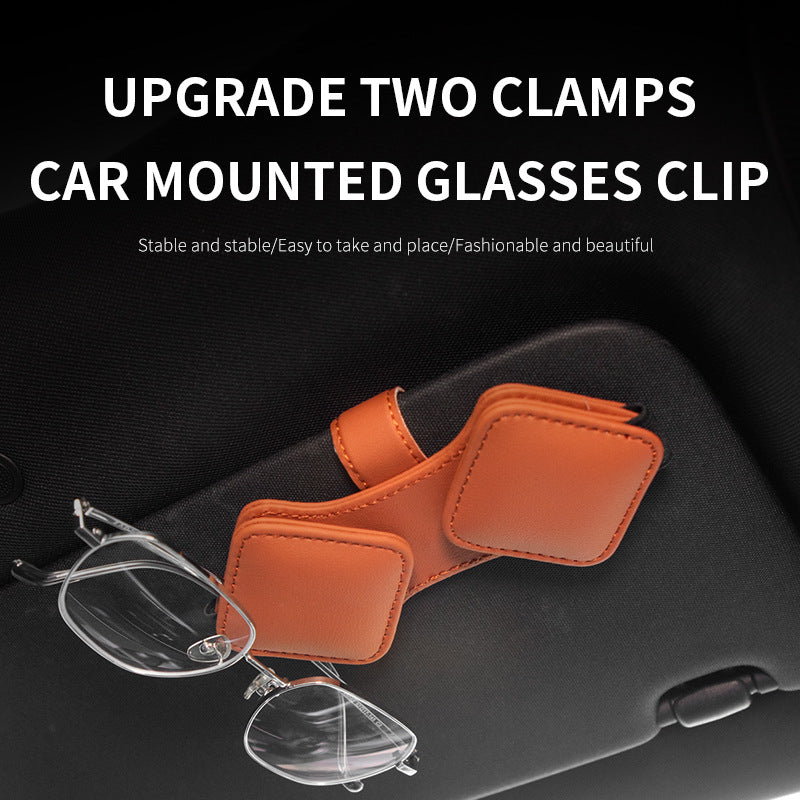 2 Pcs Black Car Sun Visor Glasses Holder Clip with Dual Magnetic Clamps | PU Leather | Anti-Slip | Multi-Functional Storage