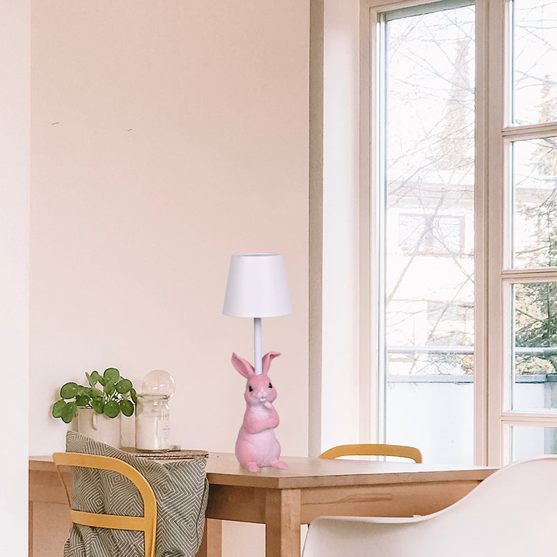 Pink Bunny White Lampshade Adorable Rabbit Resin Table Lamp | 3-Color LED | USB Rechargeable | Touch Dimming