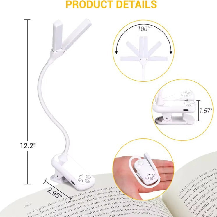 White Rechargeable Dual-Head Clip-On Book Light | Touch Control Reading Lamp with Eye Protection