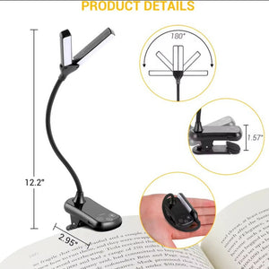 Black Rechargeable Dual-Head Clip-On Book Light | Touch Control Reading Lamp with Eye Protection