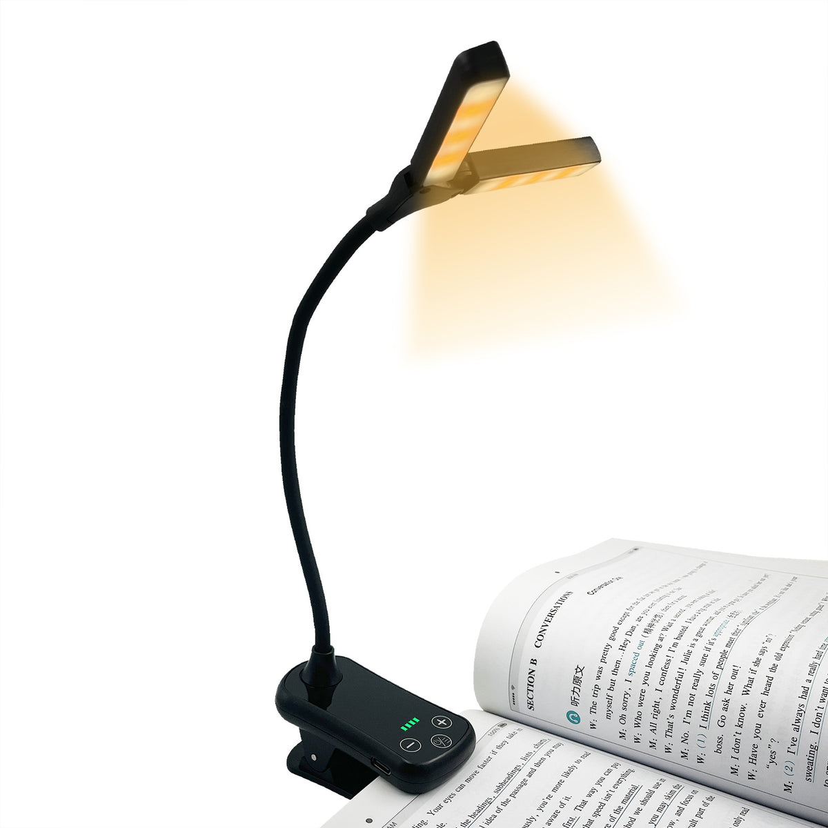 Black Rechargeable Dual-Head Clip-On Book Light | Touch Control Reading Lamp with Eye Protection