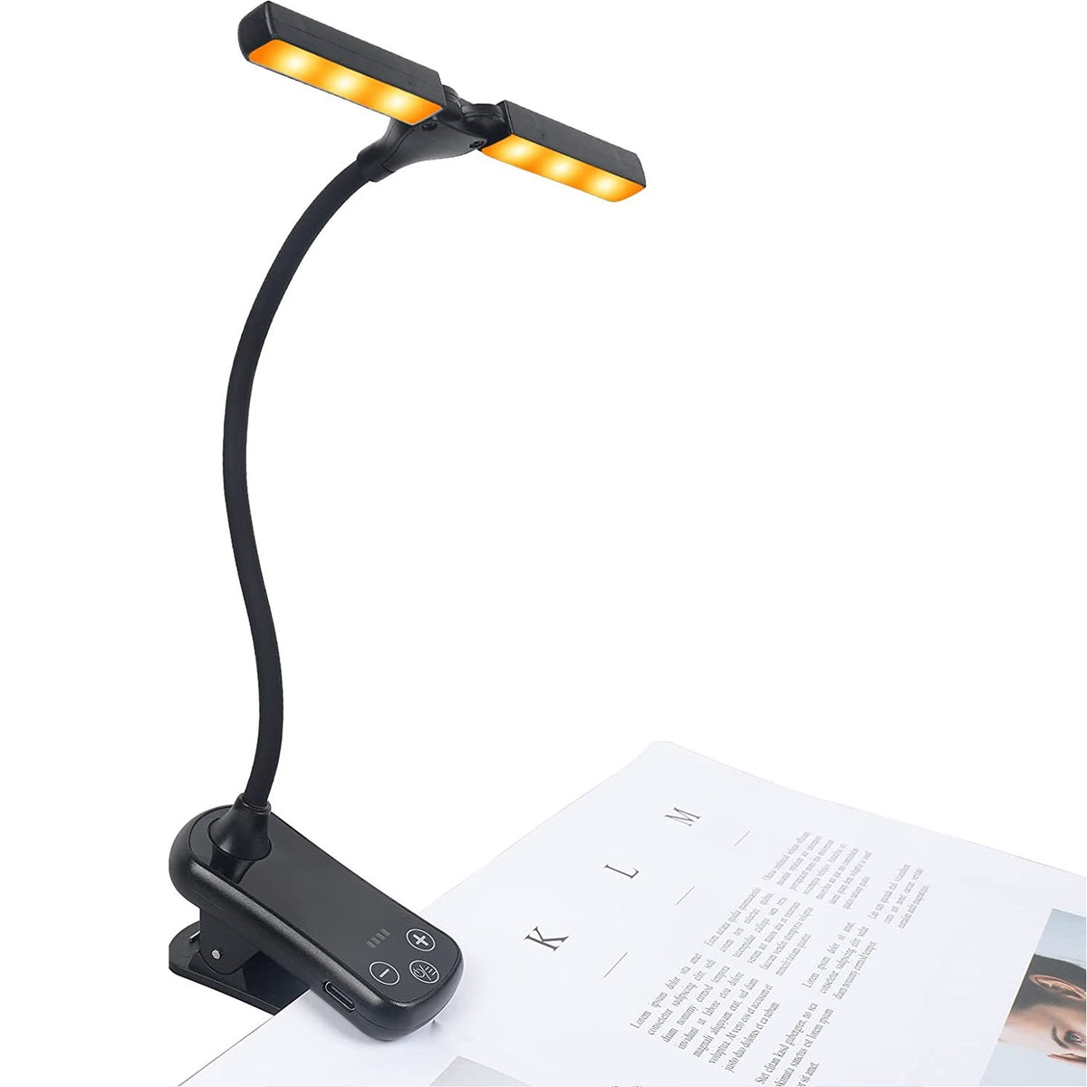 Black Rechargeable Dual-Head Clip-On Book Light | Touch Control Reading Lamp with Eye Protection