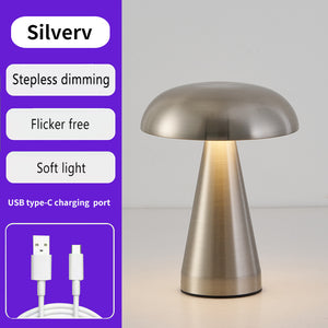 Silver Metal Mushroom Table Lamp | Rechargeable Touch Control Ambient Light with Remote