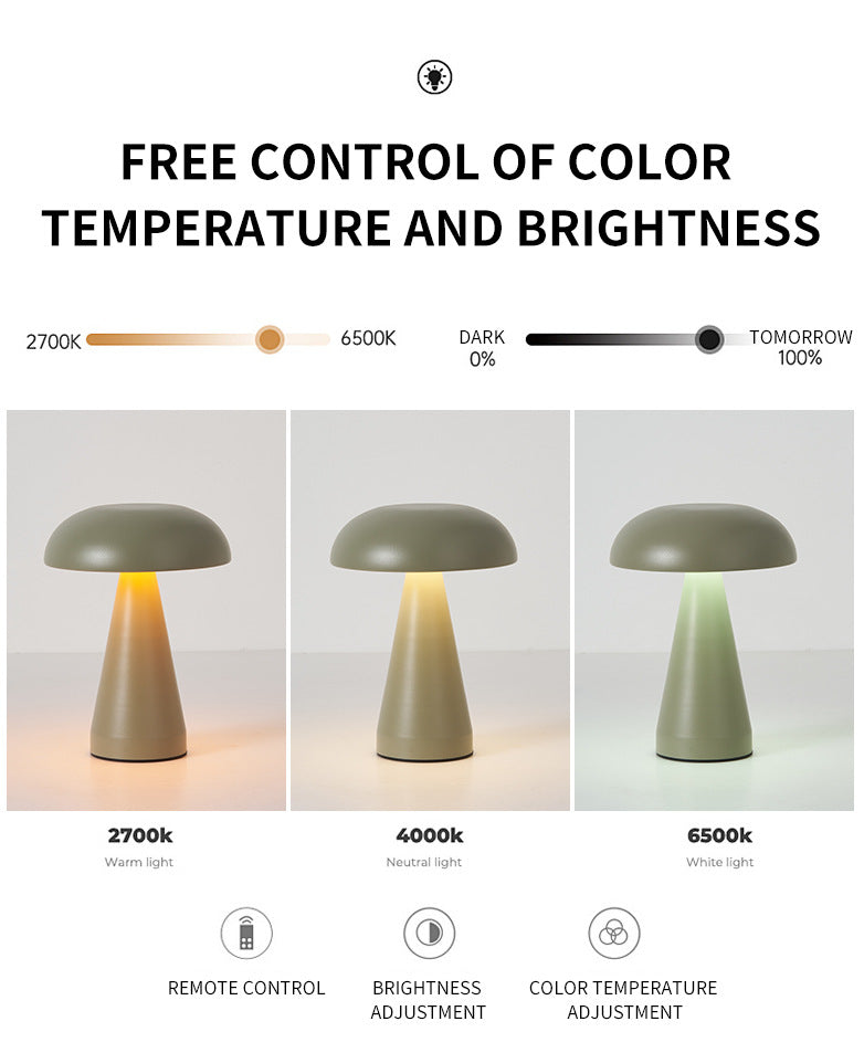Silver Metal Mushroom Table Lamp | Rechargeable Touch Control Ambient Light with Remote