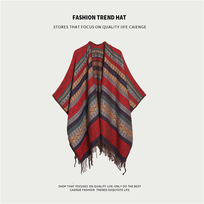 Boho Shawl | Red Plaid | Tassel Split Cape | Travel & Cooling Wear