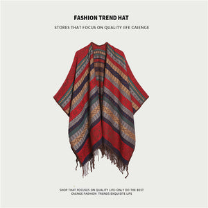 Boho Shawl | Red Plaid | Tassel Split Cape | Travel & Cooling Wear