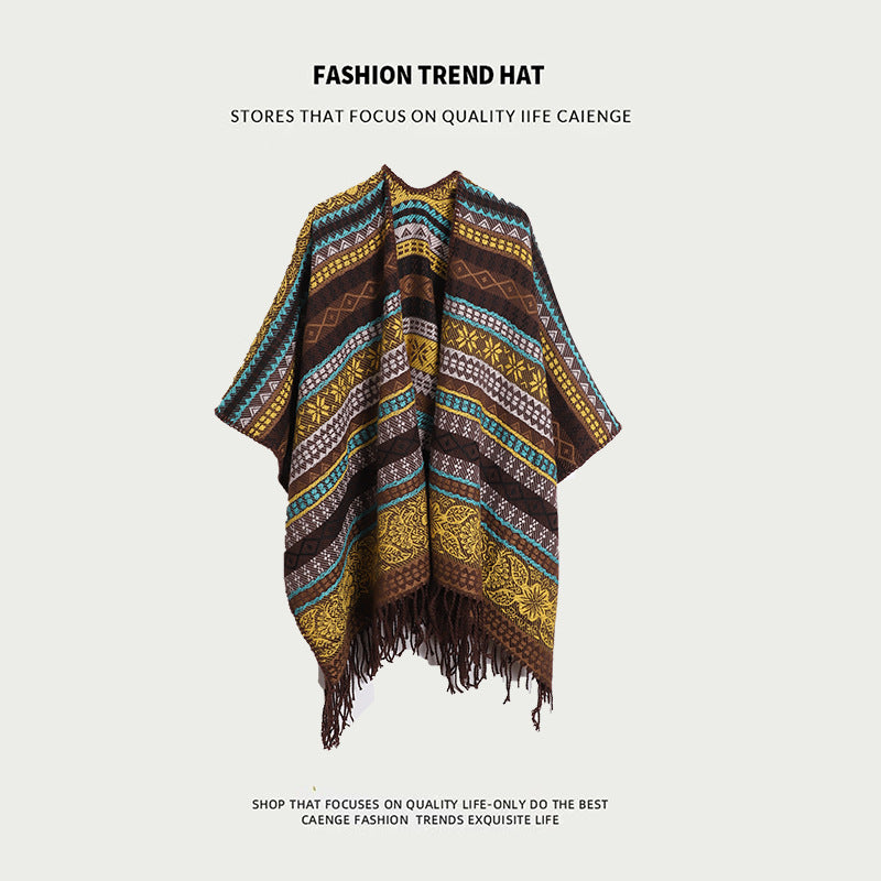 Boho Shawl | Brown Plaid | Tassel Split Cape | Travel & Cooling Wear