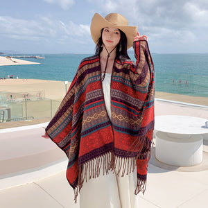Boho Shawl | Brown Plaid | Tassel Split Cape | Travel & Cooling Wear
