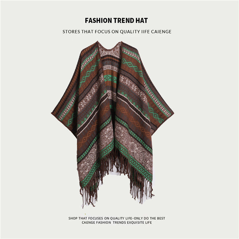 Boho Shawl | Green Plaid | Tassel Split Cape | Travel & Cooling Wear