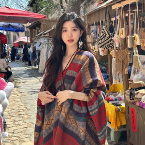 Boho Shawl | Red & Navy | Tassel Split Cape | Travel & Cooling Wear