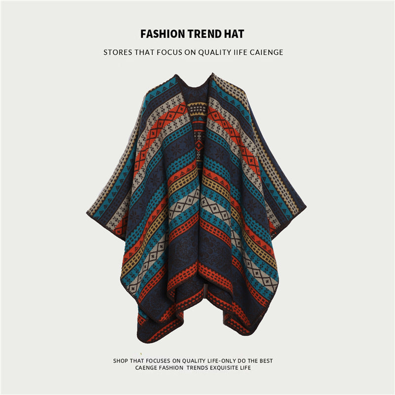 Boho Shawl | Orange & Navy | Tassel Split Cape | Travel & Cooling Wear