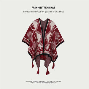 Boho Shawl | Burgundy | Tassel Split Cape | Travel & Cooling Wear