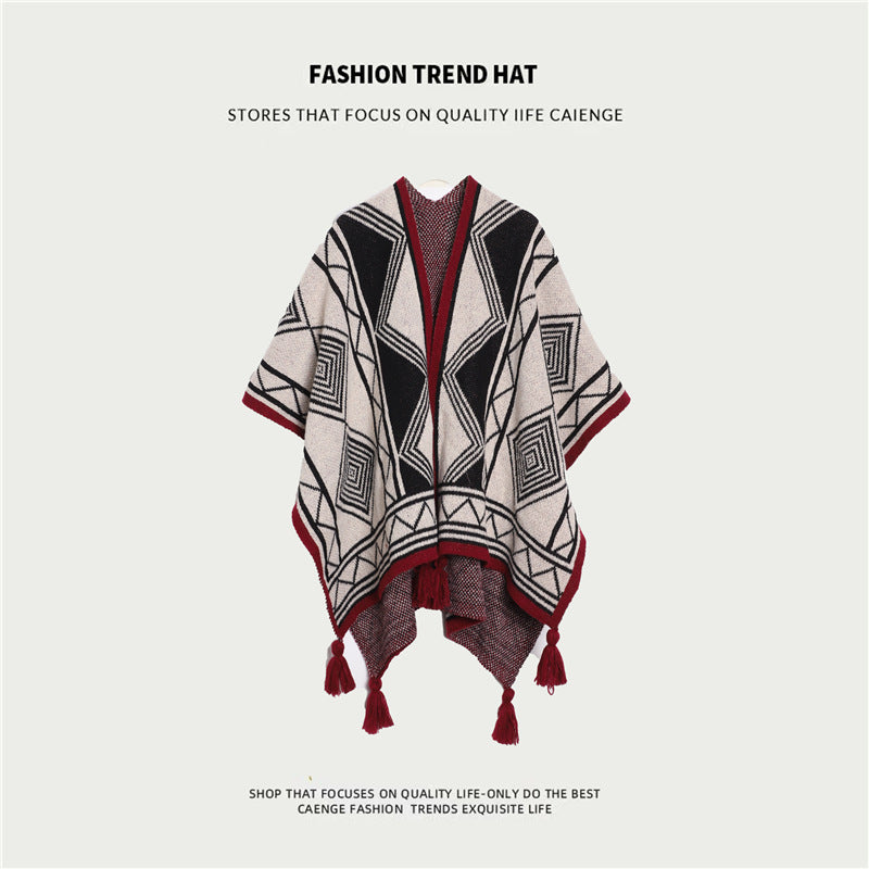 Boho Shawl | Black | Tassel Split Cape | Travel & Cooling Wear