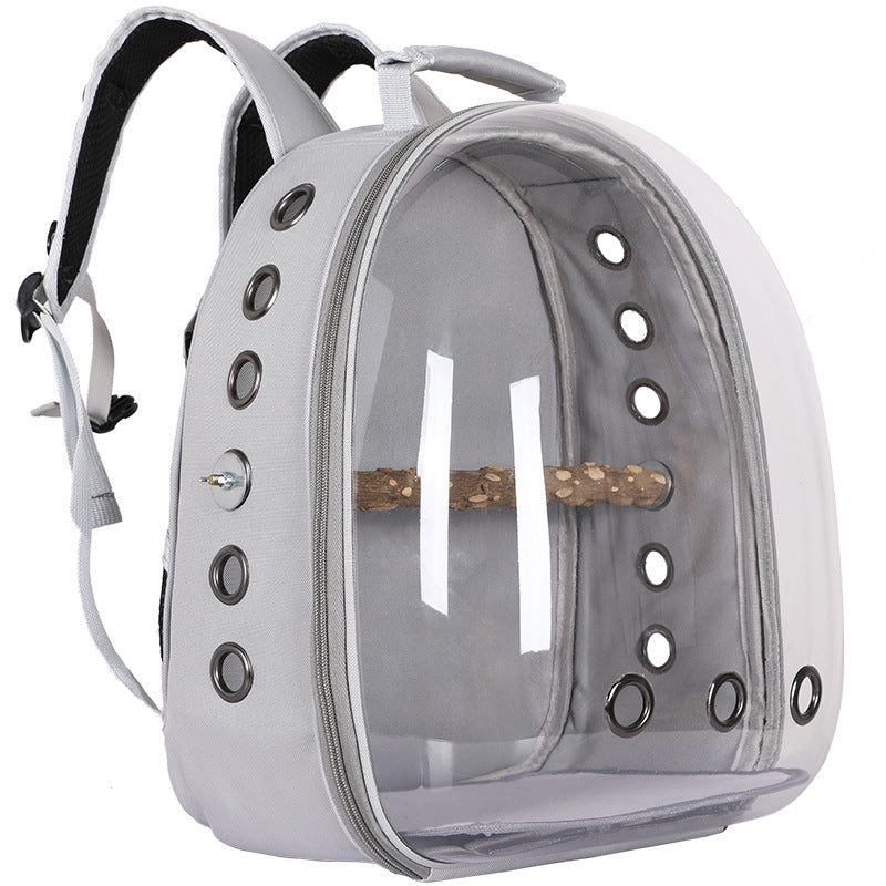 Grey PVC Pet Carrier Backpack | Stylish Transparent Design | Large Capacity | Multi-Use for Birds & Cats | Includes Wooden Stick