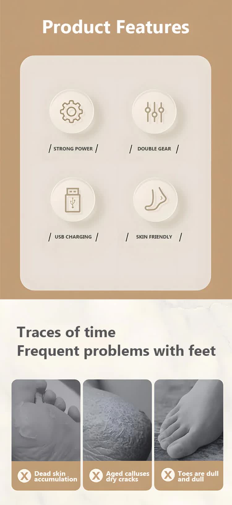 Beige Electric Foot Grinder with USB Charging | Dual-Speed Callus Remover for Smooth, Exfoliated Feet