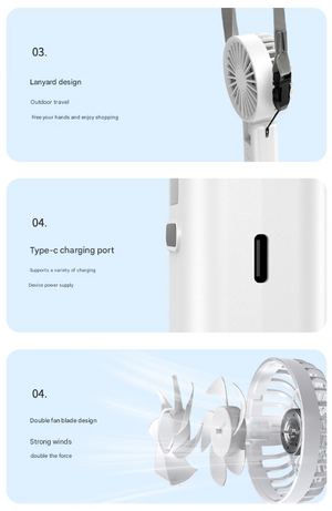 Dual-Blade Portable Neck Fan | Rechargeable USB Fan | Carabiner