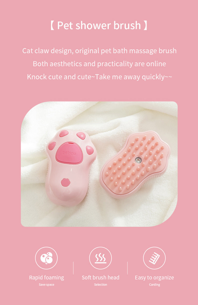 2 PCS Pink Cat Paw Electric Pet Brush | One-Click Spray, Massage & Hair Removal
