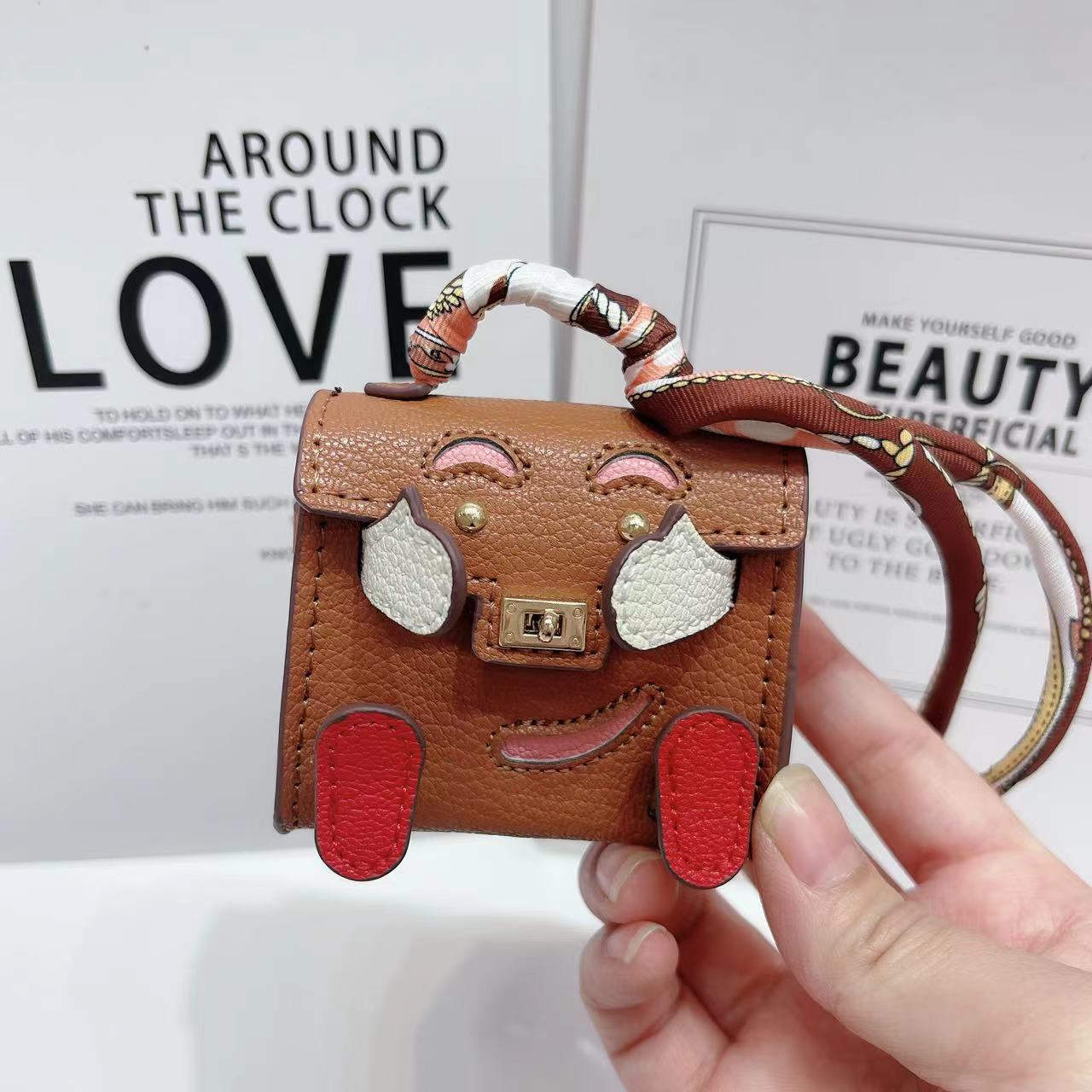 Brown Mini Bag Earphone Case | Stylish Keychain Pouch for Headphones
