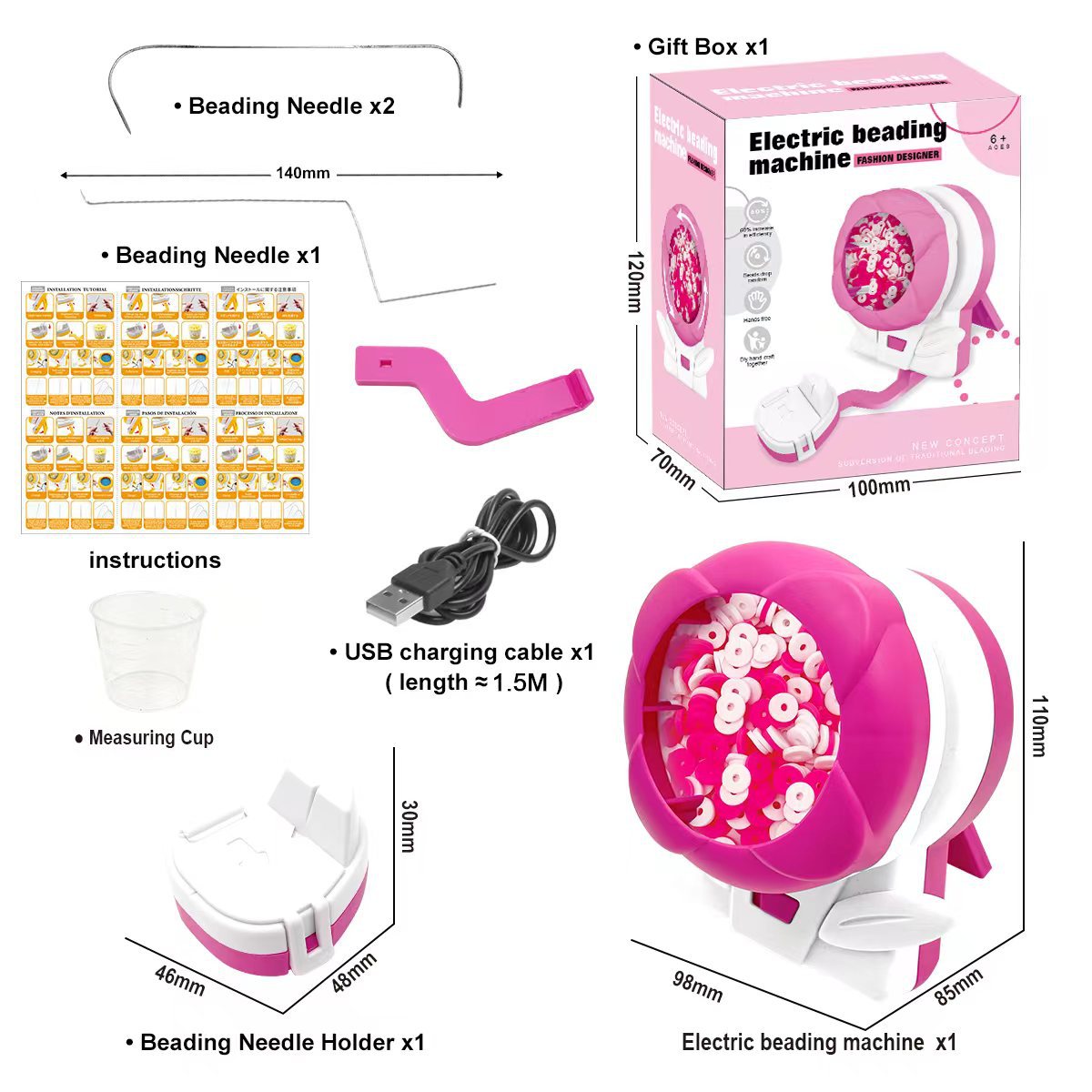 Pink Automatic Bead Loader | Electric DIY Jewelry Making Kit | Includes Accessories