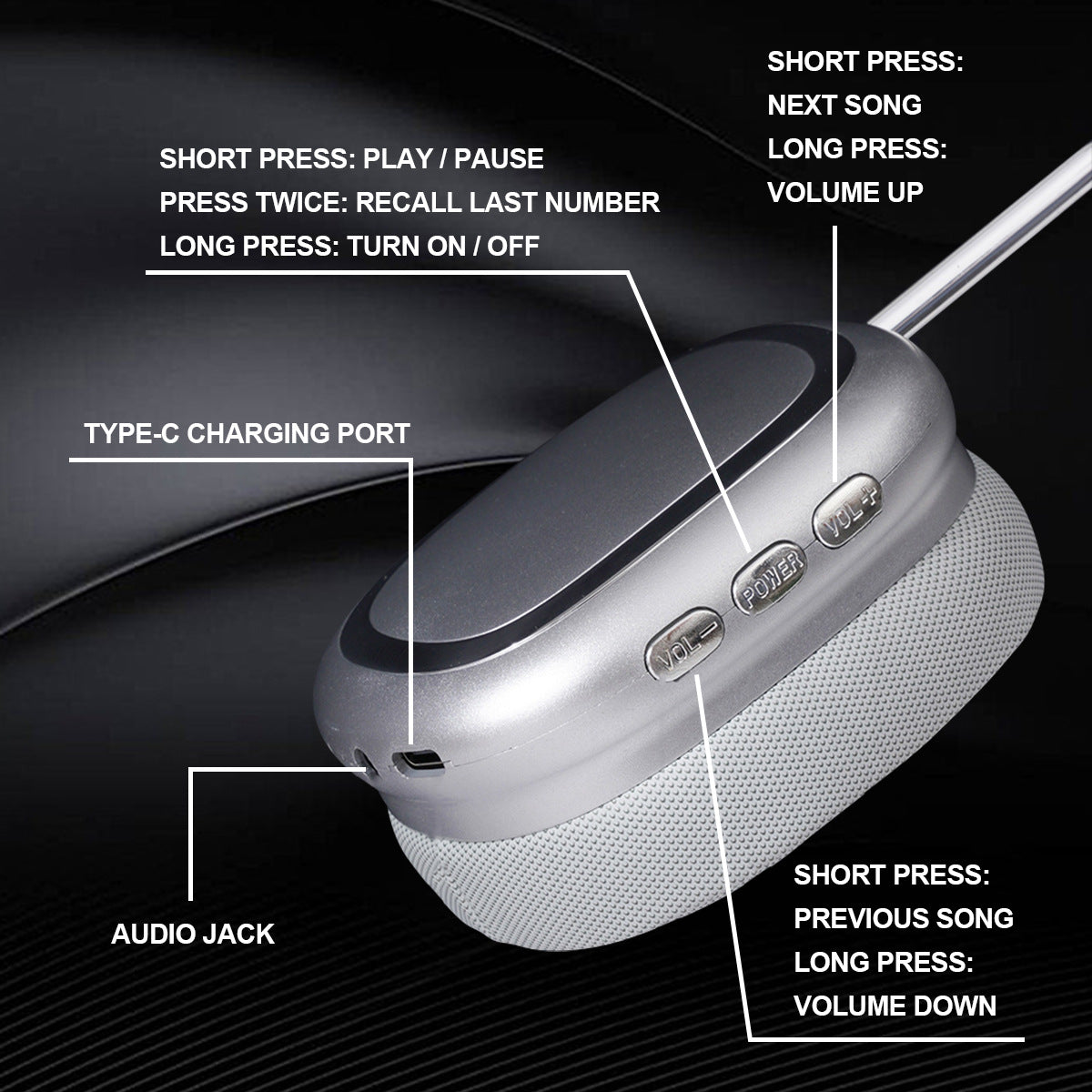 Silver Comfortable Bluetooth Over-Ear Headphones | Soft Earmuffs | Foldable Design | Stereo Sound