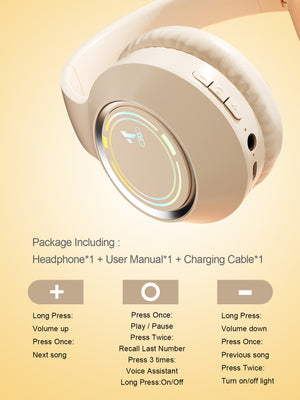 Beige Bluetooth 5.2 Headphones | Foldable | Adjustable Headband | TF Card | Wireless