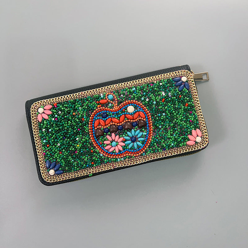 Green Apple Ethnic Style Beaded Clutch | Handmade Retro Wallet | Style 3