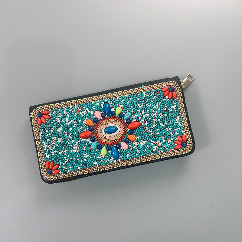 Blue Flowers Ethnic Style Beaded Clutch | Handmade Retro Wallet | Style 6