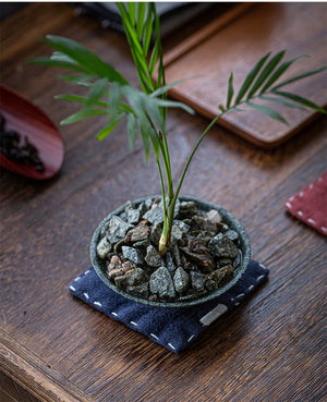 Navy Blue Chinese Style Linen Coasters | Set of 4 | Hand-Embroidered Tea Mats | 9x9cm