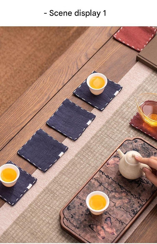Navy Blue Chinese Style Linen Coasters | Set of 4 | Hand-Embroidered Tea Mats | 9x9cm