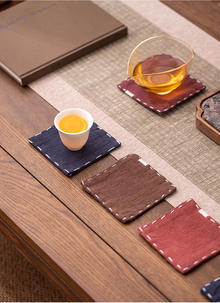 Navy Blue Chinese Style Linen Coasters | Set of 4 | Hand-Embroidered Tea Mats | 9x9cm