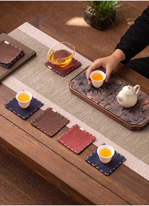 Navy Blue Chinese Style Linen Coasters | Set of 4 | Hand-Embroidered Tea Mats | 9x9cm
