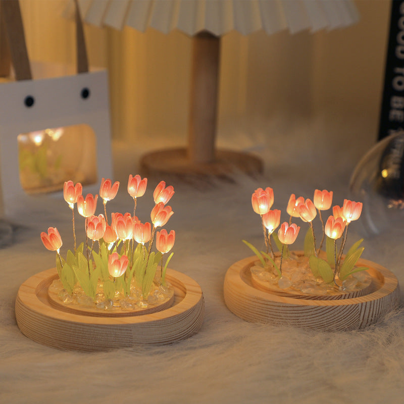 (Ten Pink Tulips) Glowing Tulip Dome Lamp | Wooden Base | Bedside Table Decoration